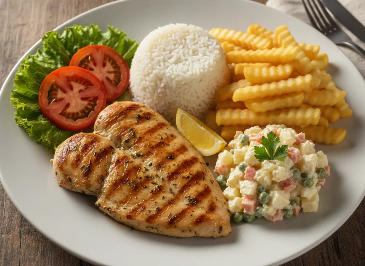 Filé de Frango Grelhado com Arroz, Batata Frita e Salada de Maionese photo