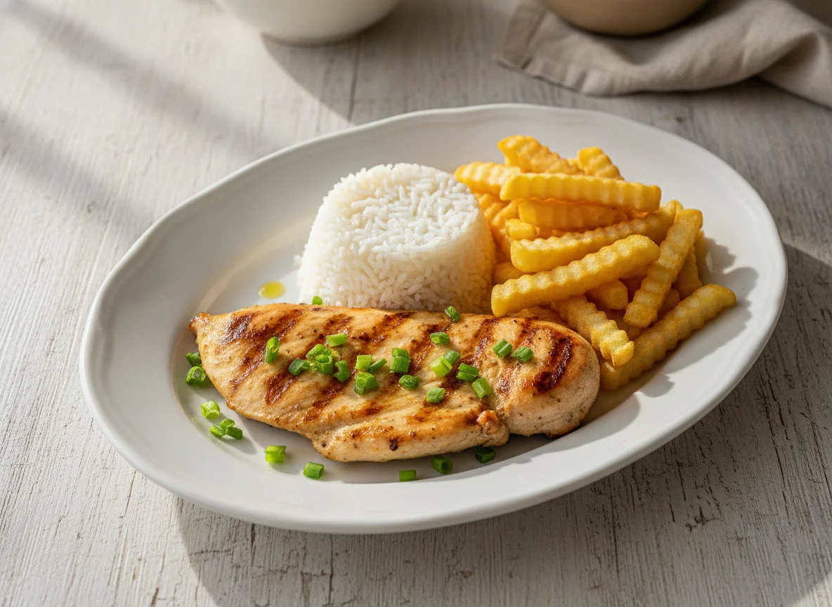 Filé de frango grelhado com arroz e batata frita photo