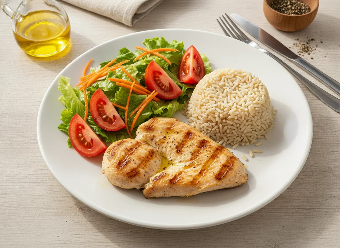 Filé de frango grelhado com arroz integral e salada photo
