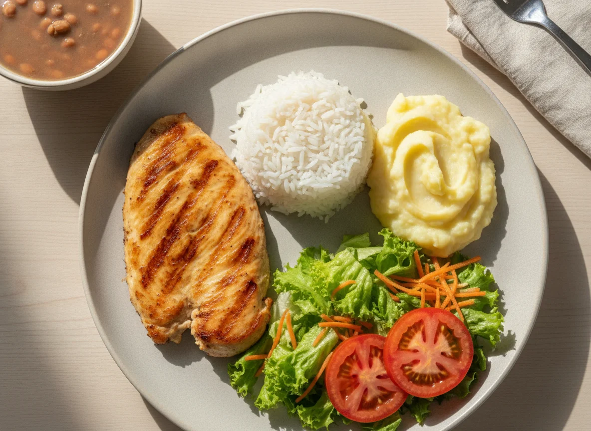 Filé de Frango Grelhado com Arroz, Purê e Salada photo
