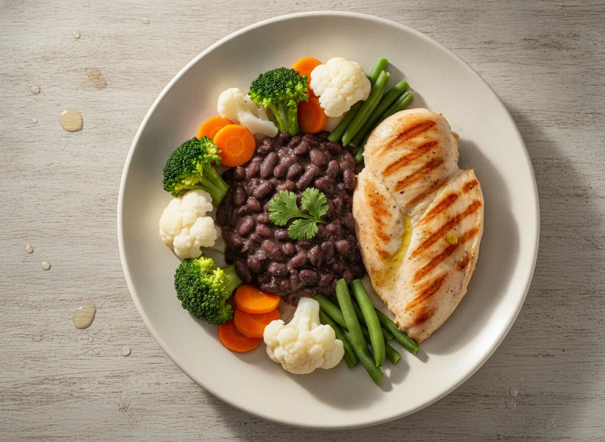 Filé de frango grelhado com feijão preto e legumes no vapor photo