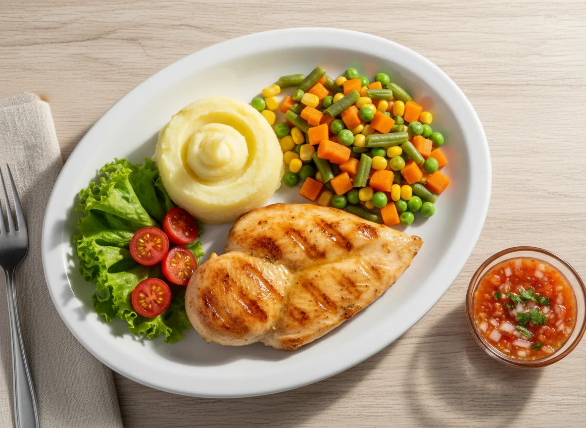 Filé de Frango Grelhado com Purê e Seleta de Legumes photo