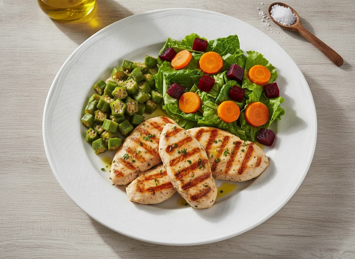 Filé de frango grelhado com quiabo e salada mista photo