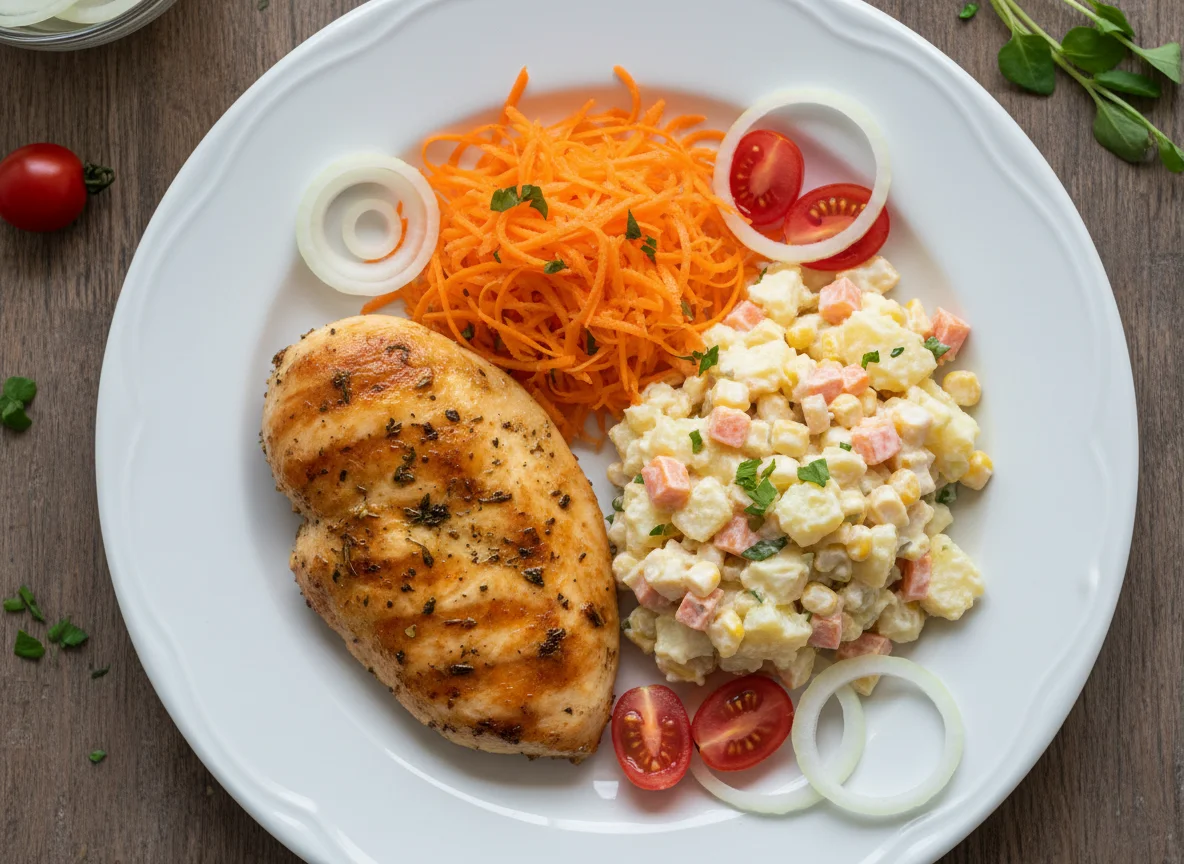 Filé de frango grelhado com salada de maionese e vegetais photo