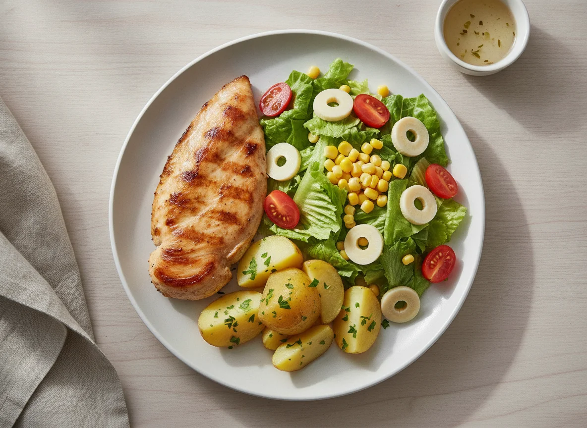 Filé de frango grelhado com salada e batata photo