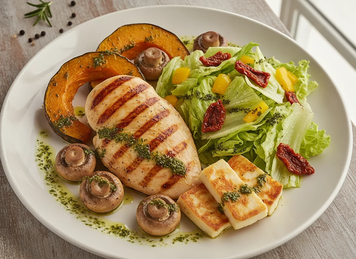 Filé de frango grelhado com salada e legumes assados photo