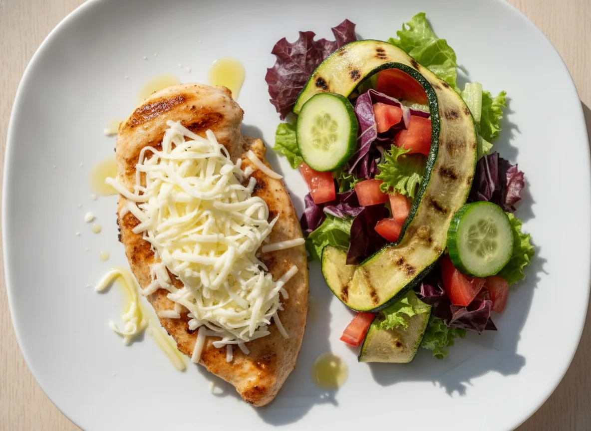 Filé de frango grelhado com salada e queijo photo