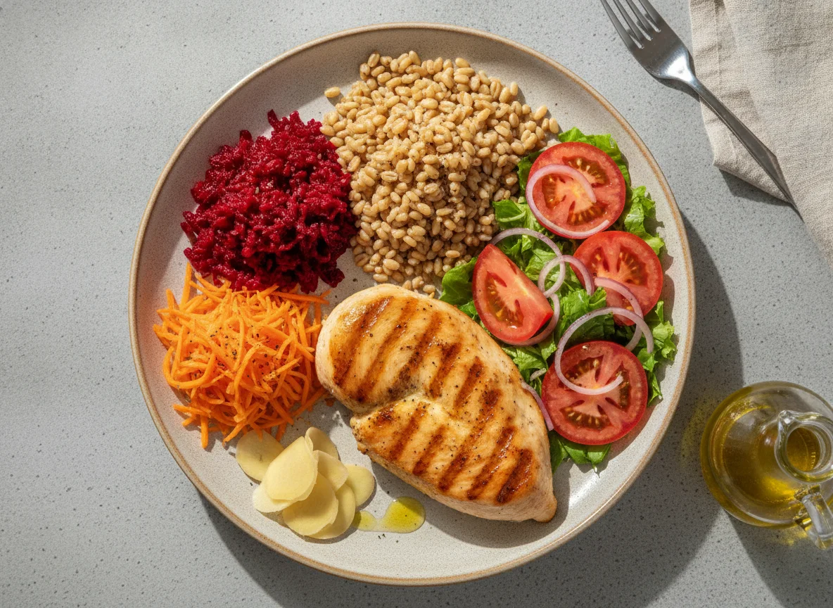 Filé de frango grelhado com salada variada e grãos photo