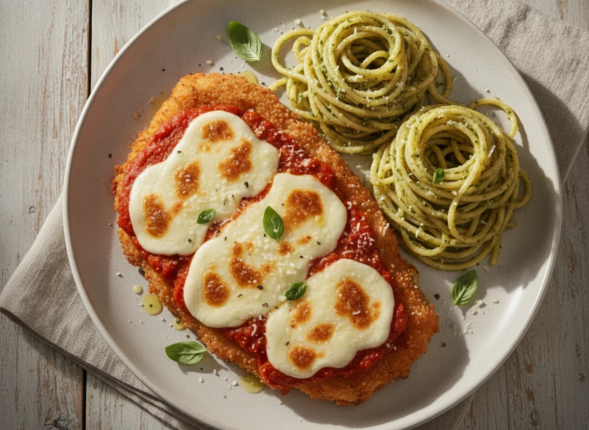 Filé de peito de frango à parmegiana com espaguete ao pesto photo