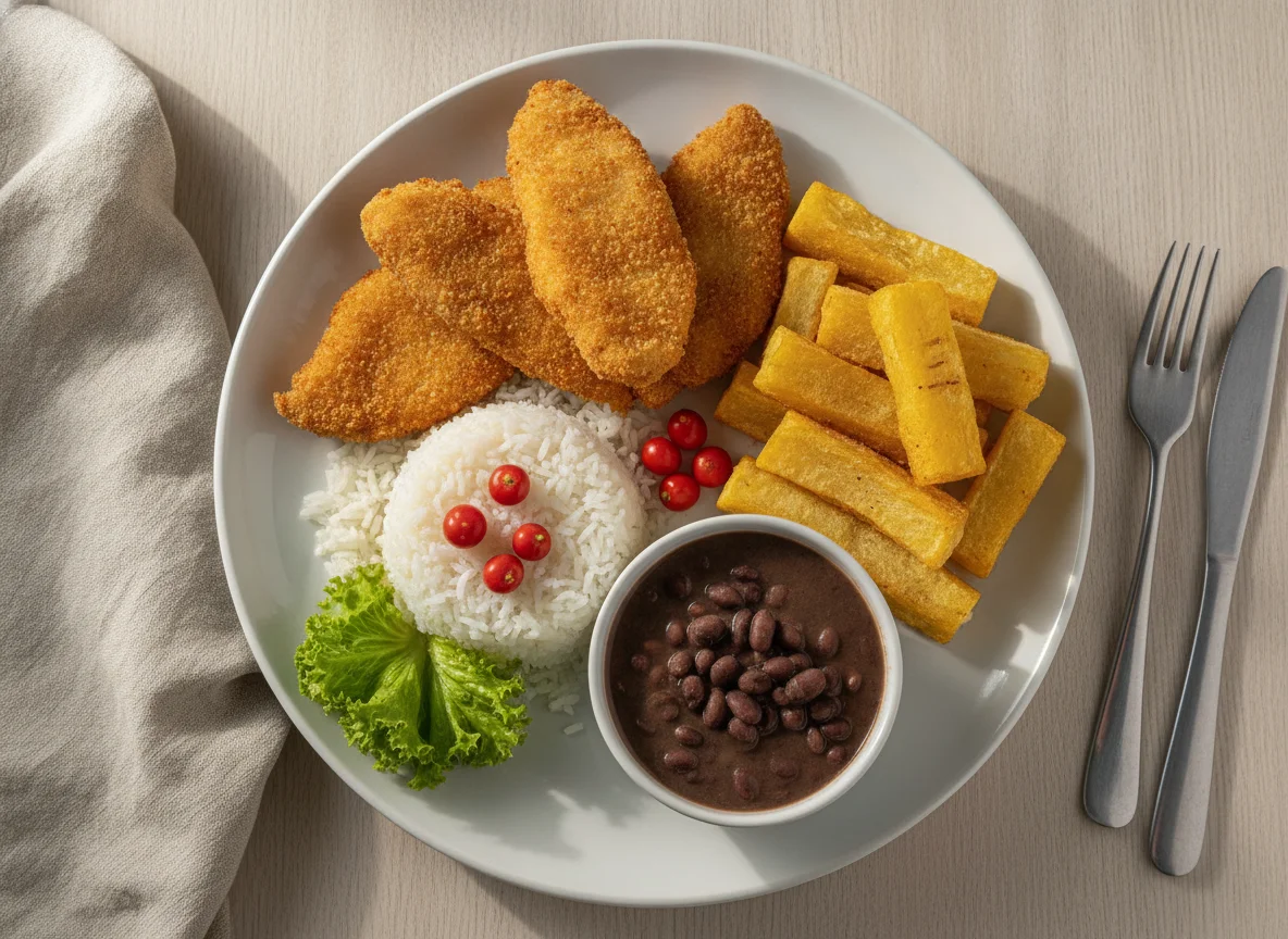 Filé de Peixe à Milanesa com Arroz, Mandioca Frita e Feijão photo