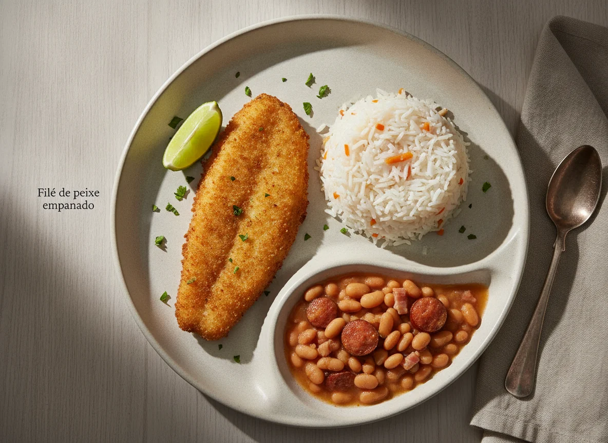 Filé de peixe com arroz e feijão photo
