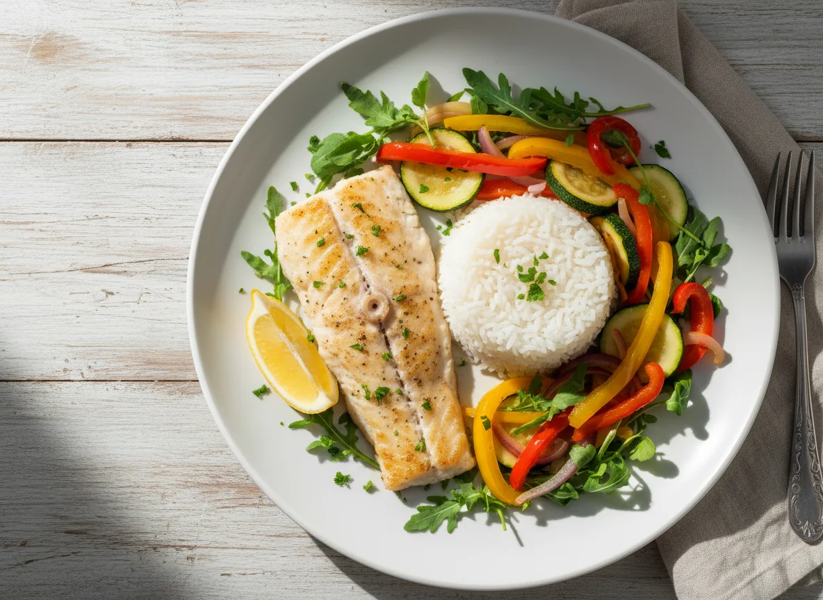 Filé de peixe com arroz e legumes photo