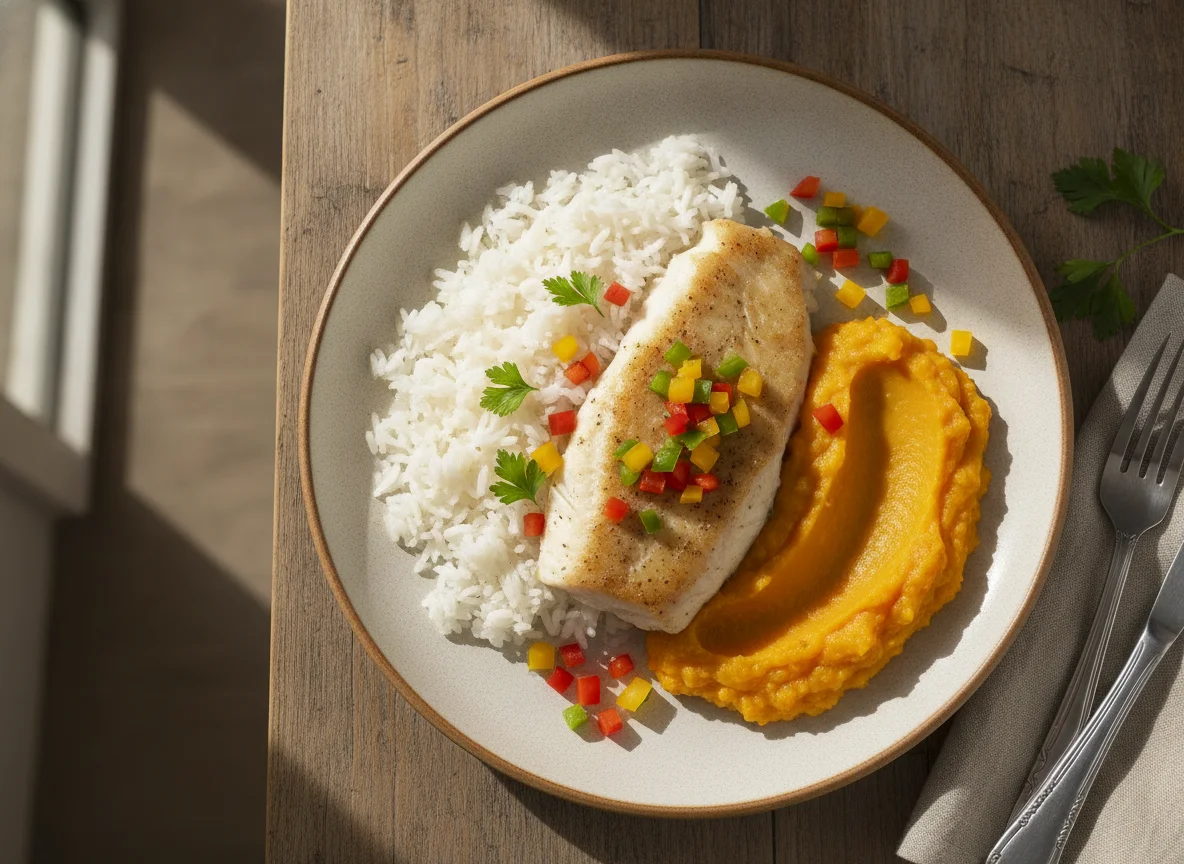 Filé de peixe com arroz e purê de abóbora photo
