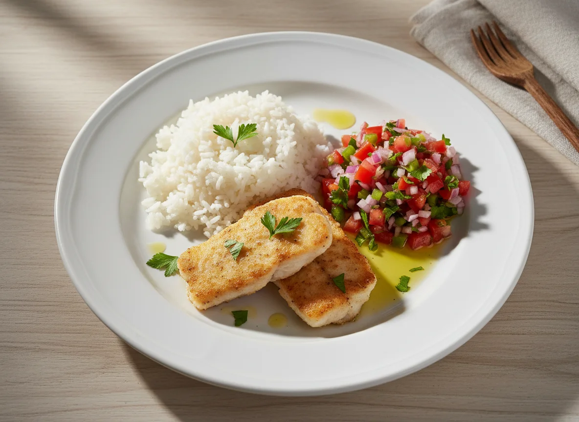Filé de peixe com arroz e vinagrete photo