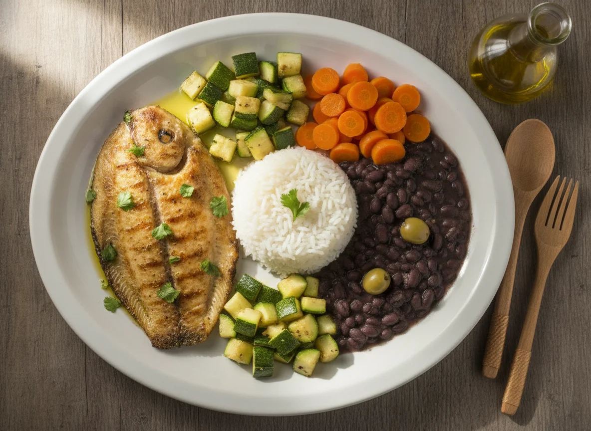 Filé de peixe com arroz, feijão, cenoura e abobrinha photo