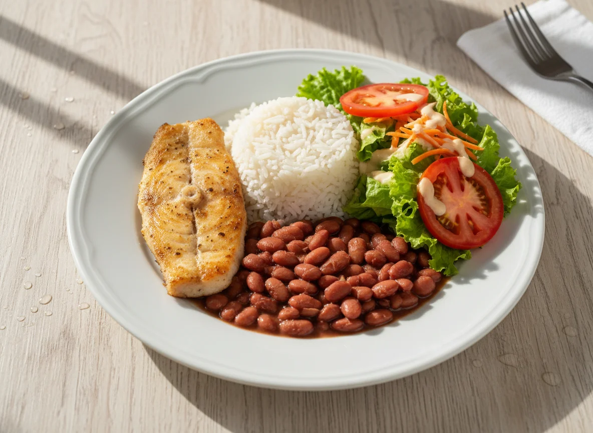 Filé de peixe com arroz, feijão e salada photo