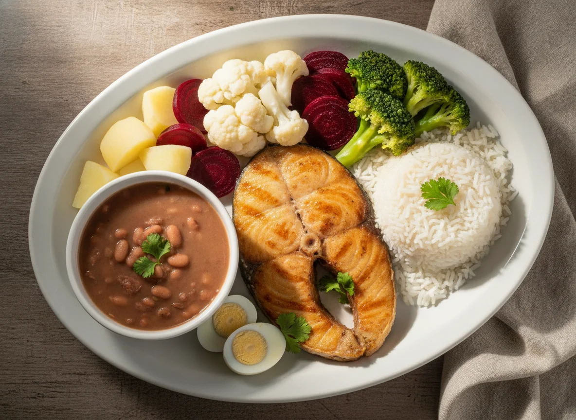 Filé de peixe com arroz, feijão e vegetais photo