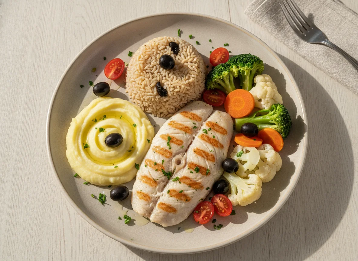 Filé de peixe com arroz integral, purê de batata e legumes photo