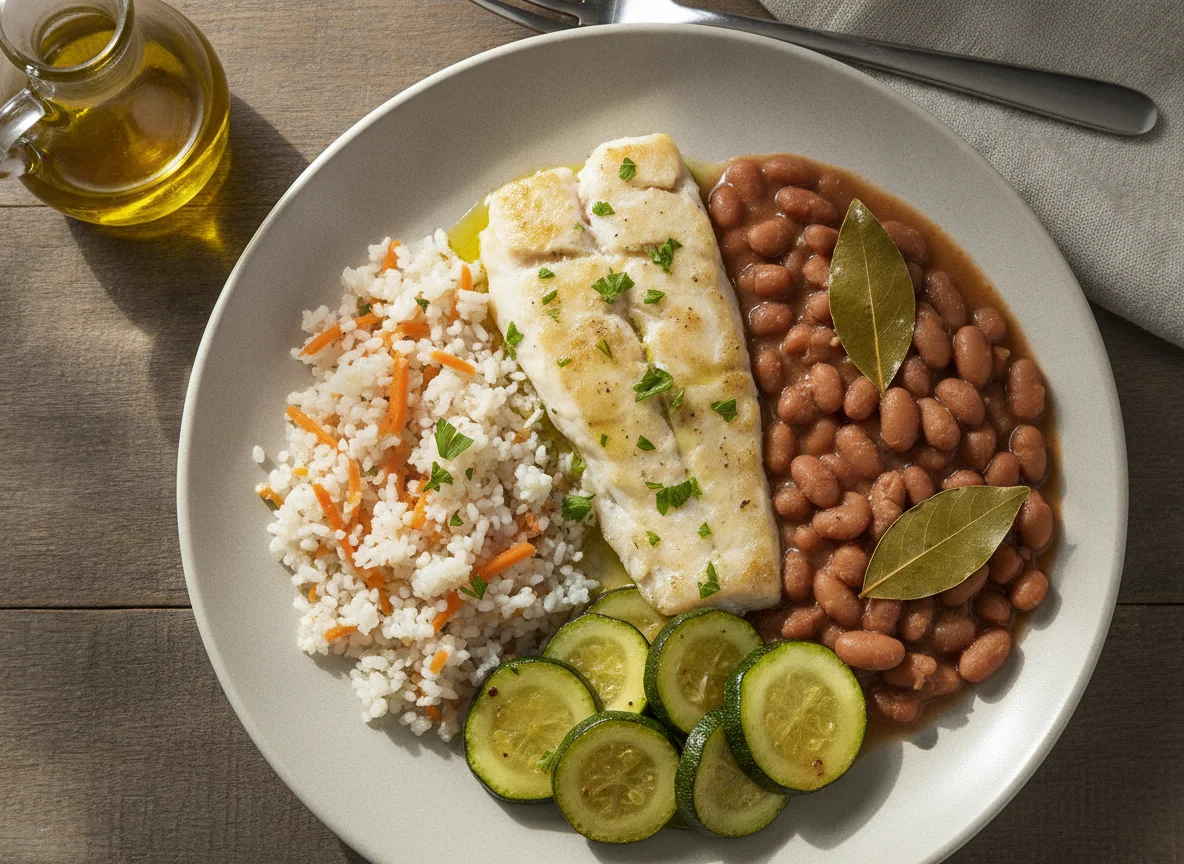 Filé de peixe com arroz konjac, feijão e legumes photo