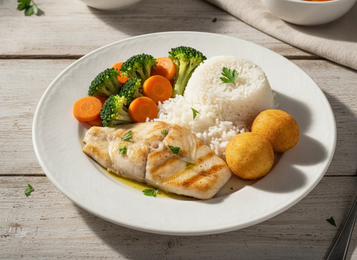 Filé de peixe com arroz, legumes e bolinho photo