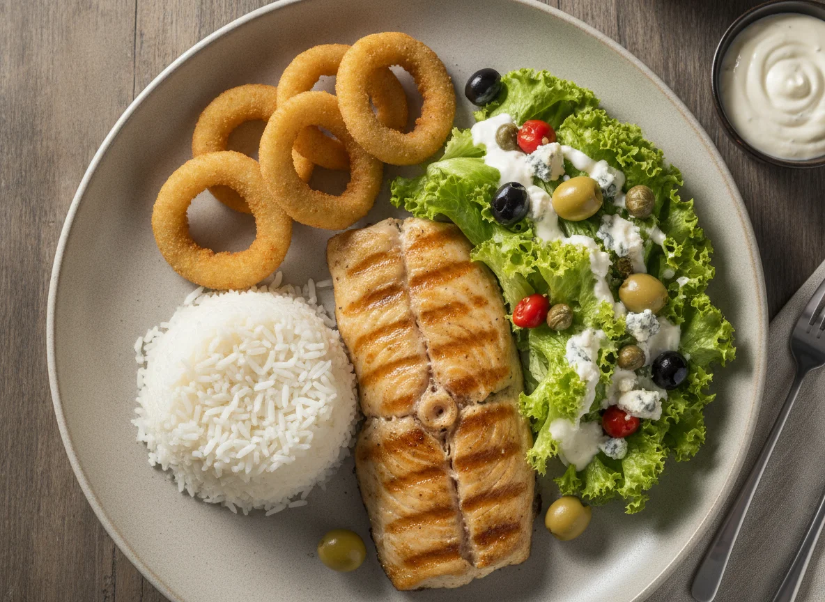 Filé de peixe com arroz, salada e anéis de cebola photo