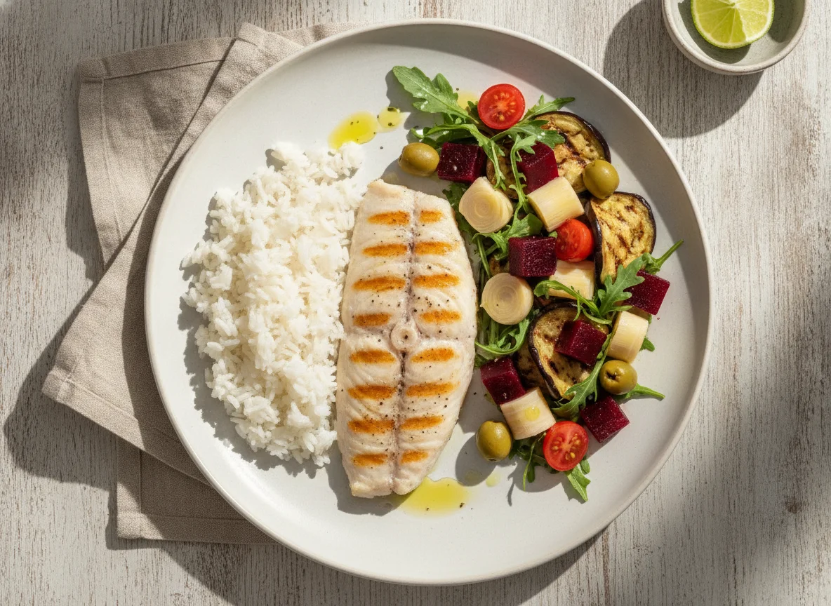 Filé de peixe com arroz, salada e legumes photo