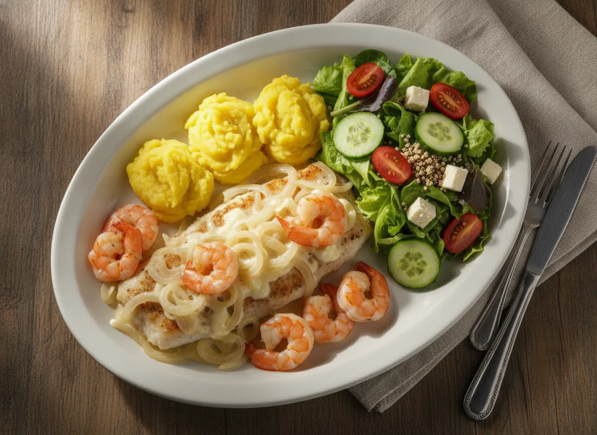 Filé de peixe com camarão, batata baroa e salada mista photo