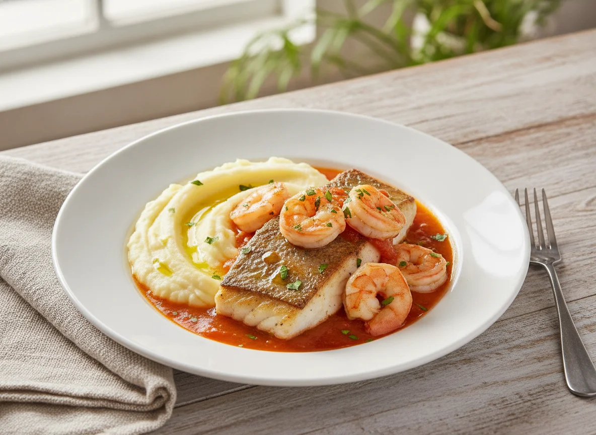 Filé de peixe com camarão e purê de batata photo