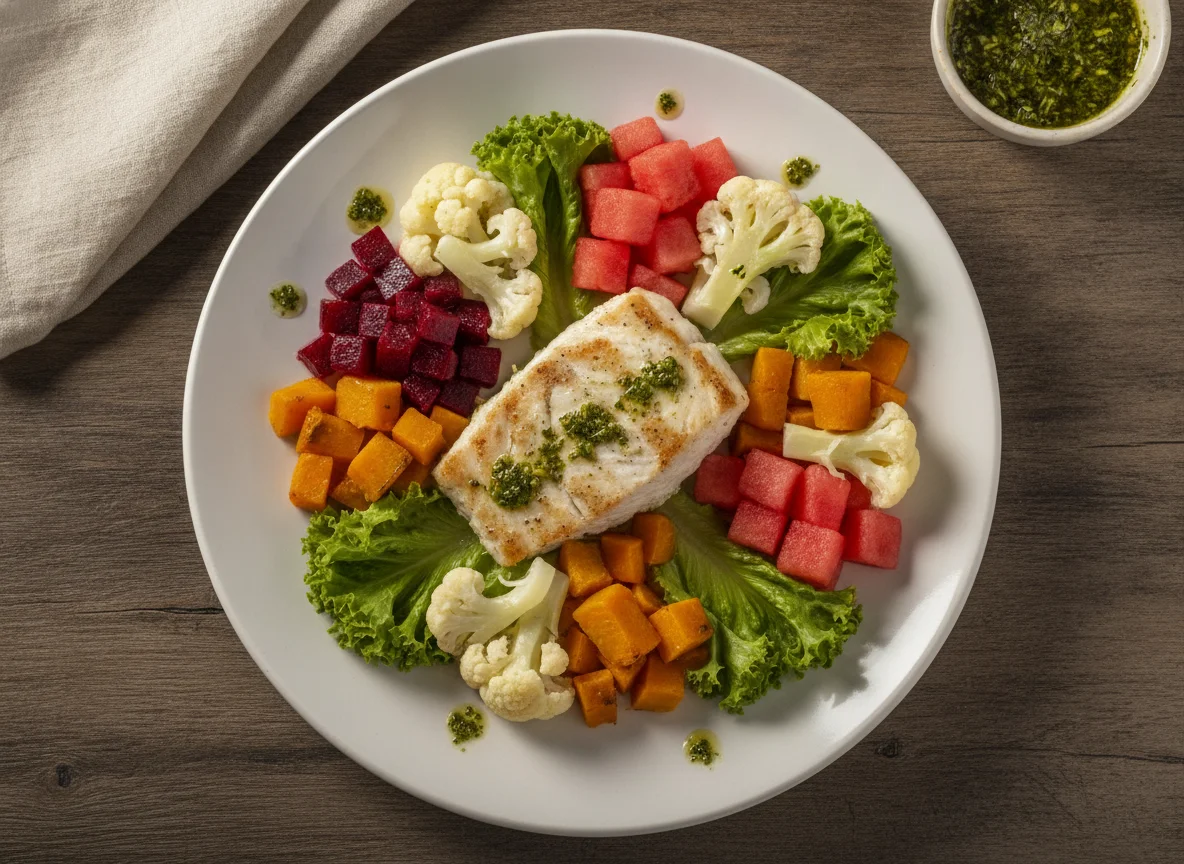 Filé de peixe com legumes e melancia photo