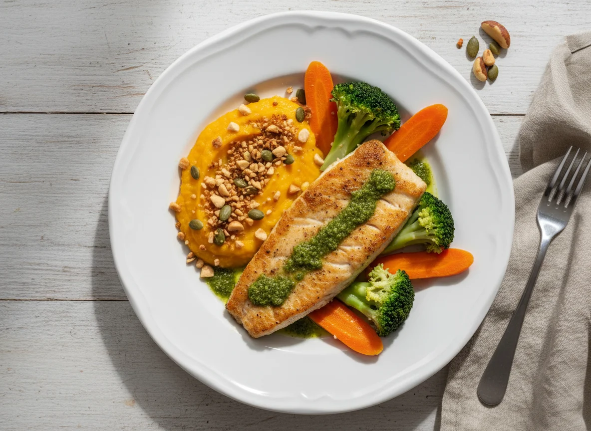 Filé de peixe com purê de abóbora e vegetais photo