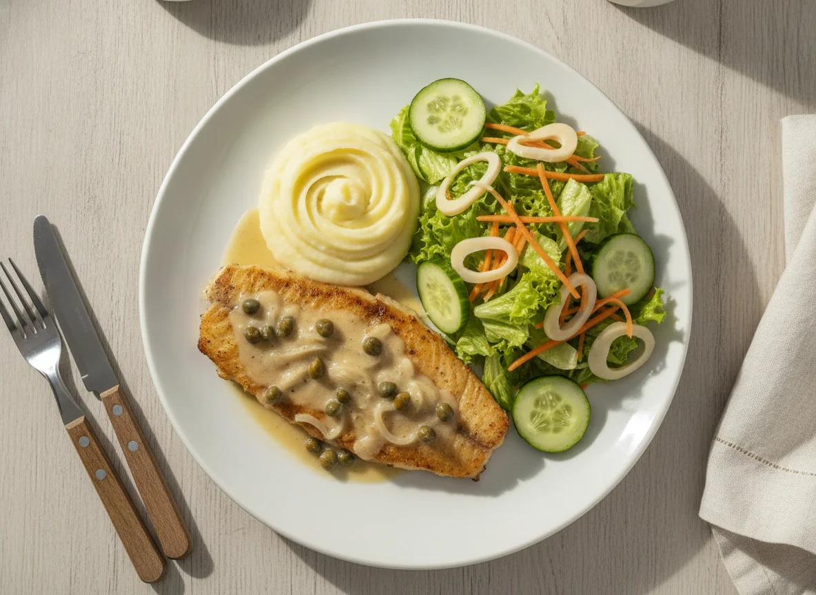 Filé de peixe com purê de batata e salada mista photo
