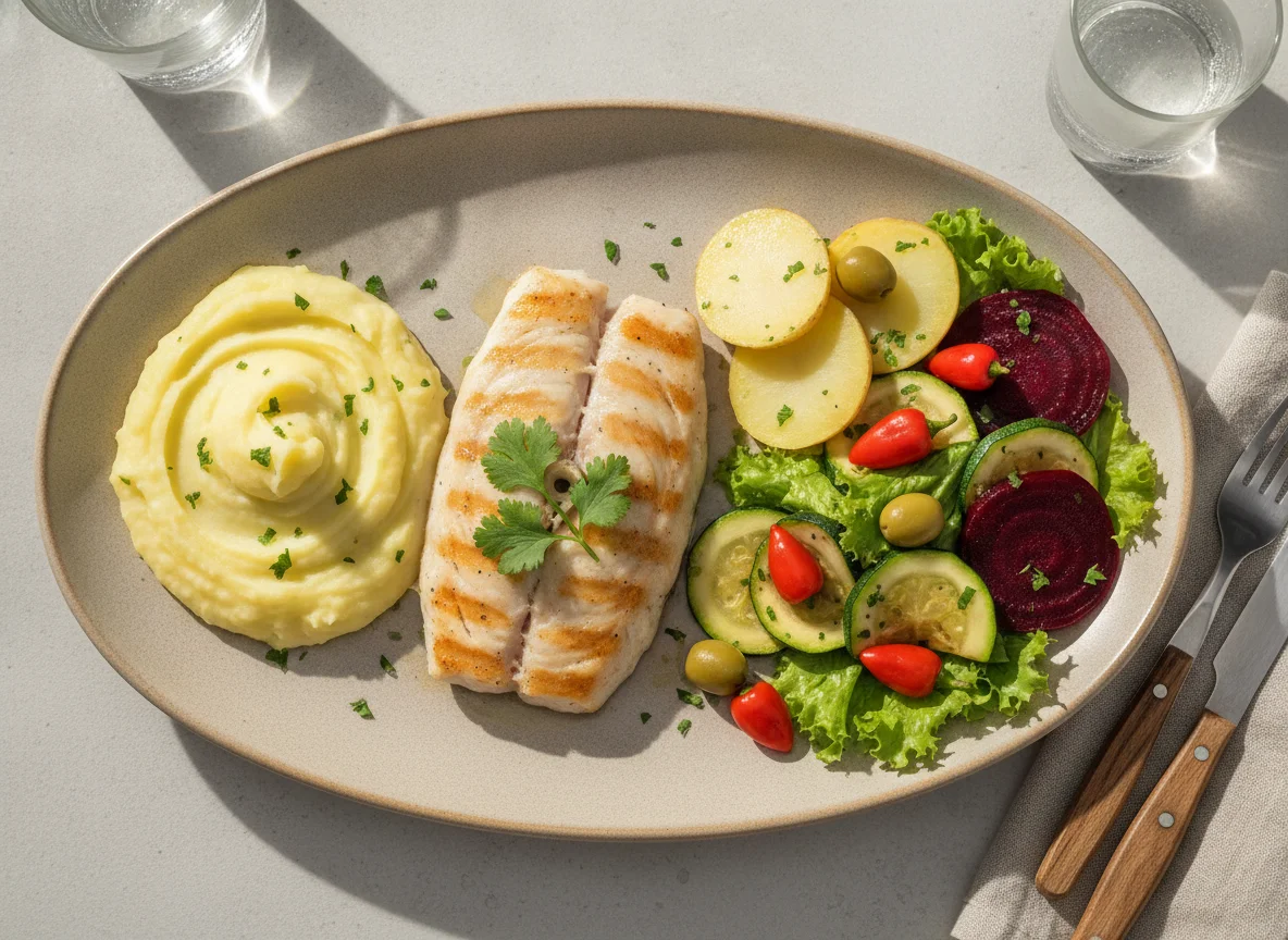 Filé de peixe com purê de batata e salada variada photo