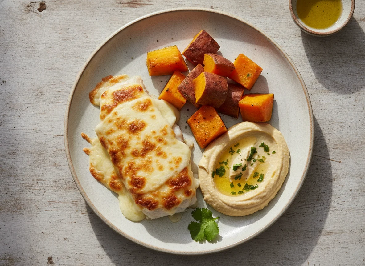 Filé de peixe com queijo, legumes e homus photo