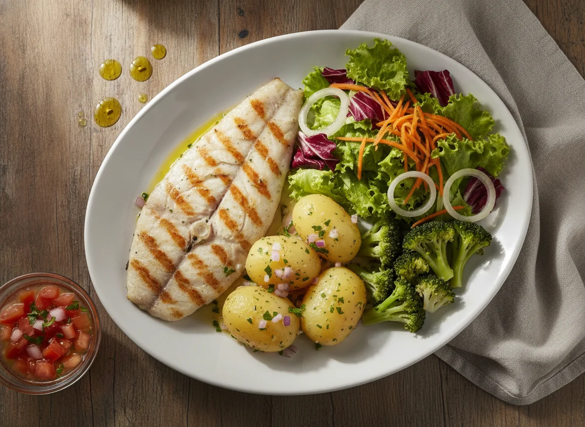 Filé de peixe com salada e batatas photo