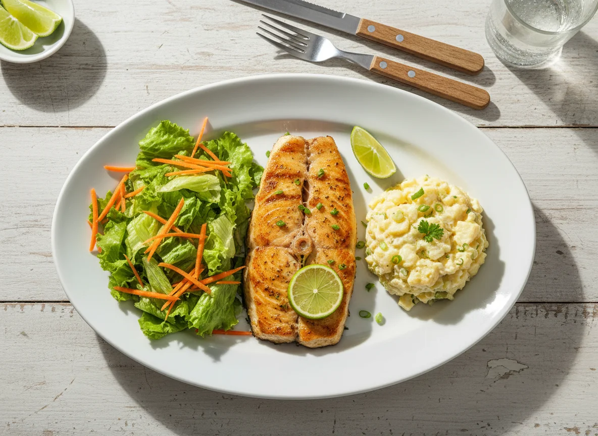 Filé de peixe com salada e maionese de batata photo