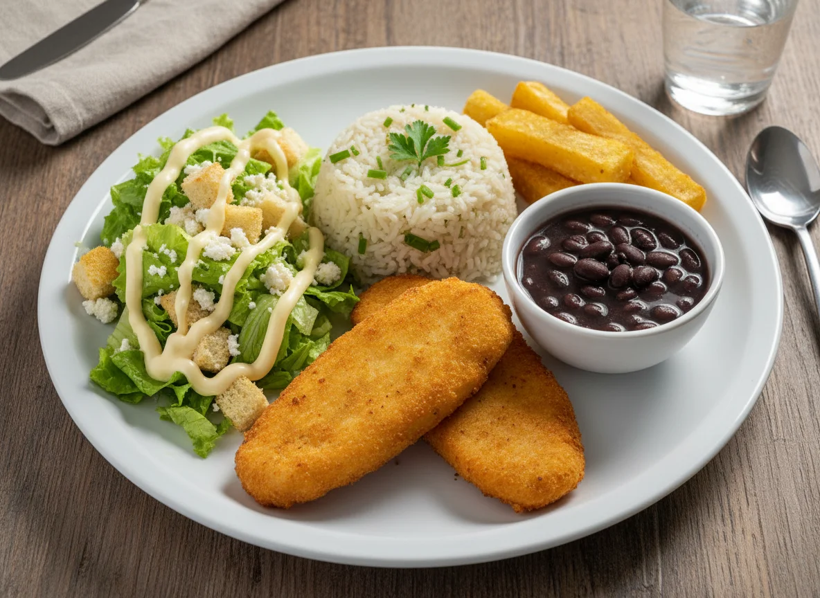 Filé de peixe empanado com arroz de ervas, mandioca frita, feijão e salada photo