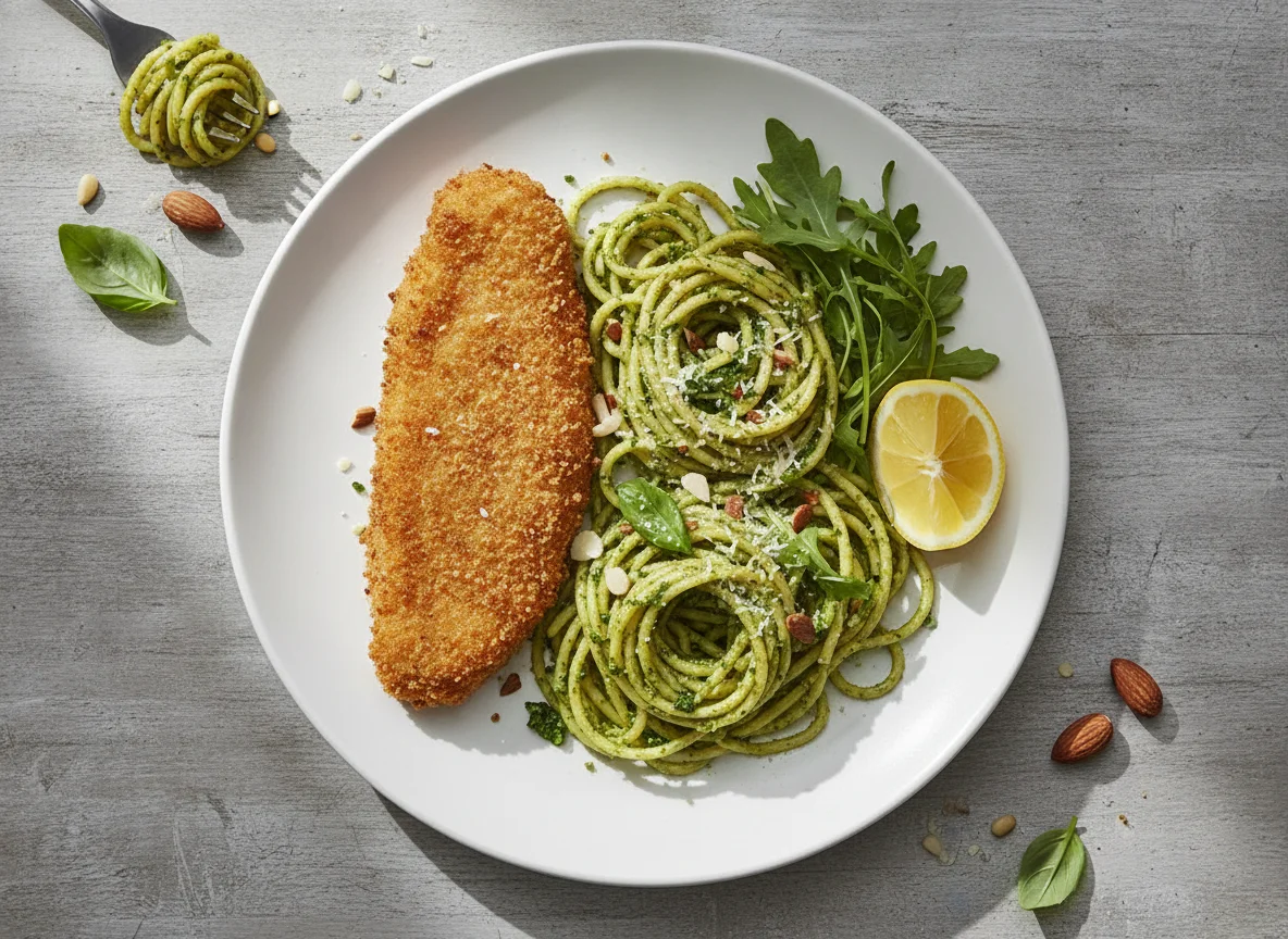 Filé de peixe empanado com espaguete ao pesto e rúcula photo