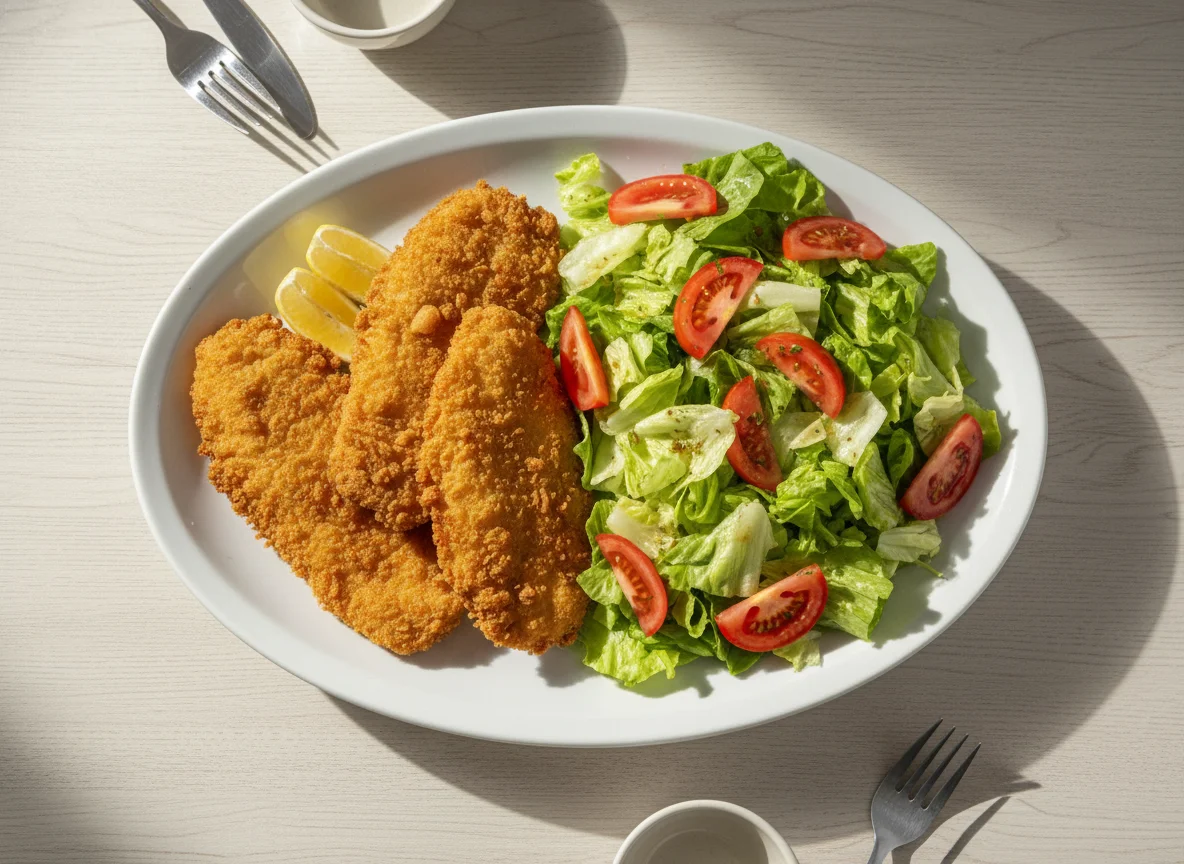 Filé de peixe empanado com salada photo