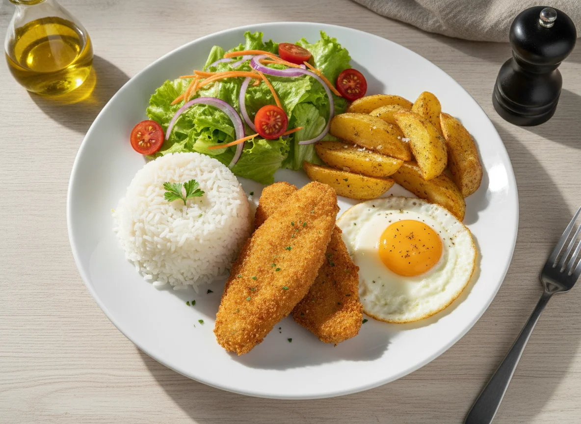 Filé de peixe frito com arroz, ovo, batatas rústicas e salada photo
