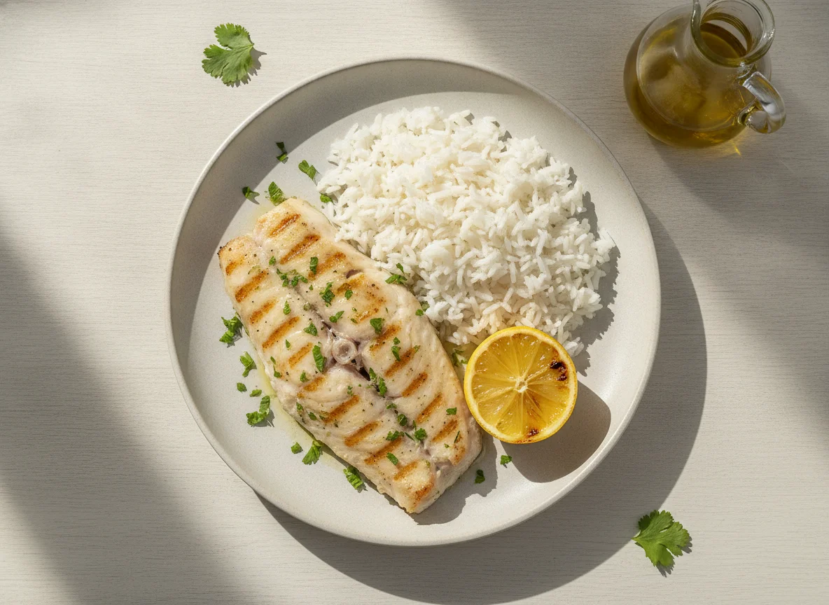 Filé de peixe grelhado com arroz photo
