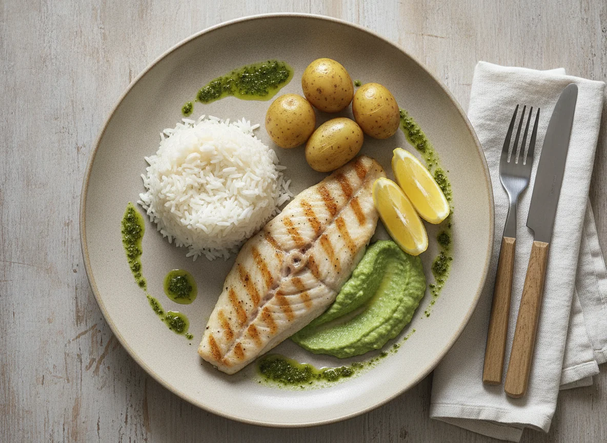 Filé de peixe grelhado com arroz, batatas e creme de espinafre photo