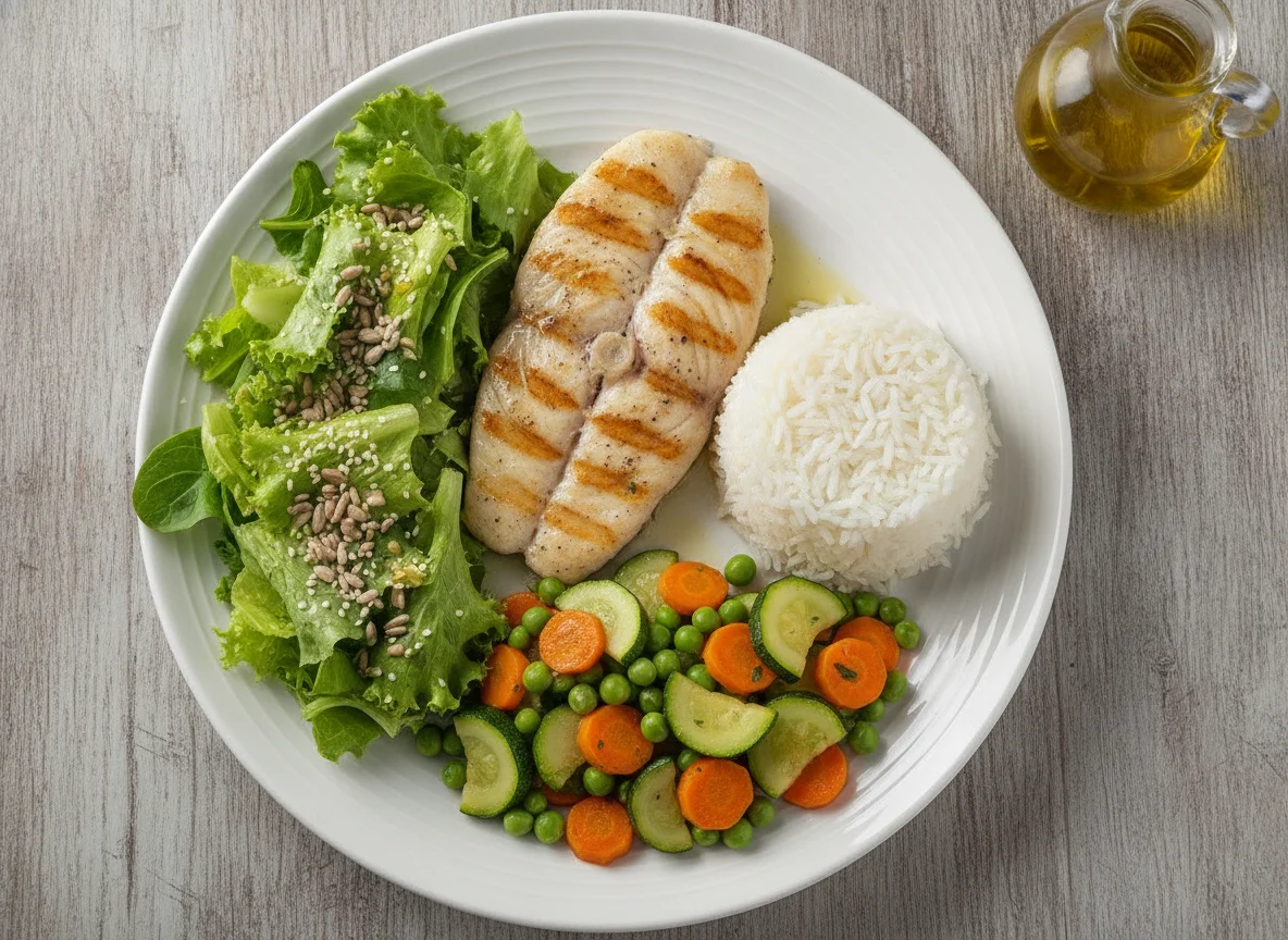 Filé de peixe grelhado com arroz branco, legumes salteados e salada verde photo