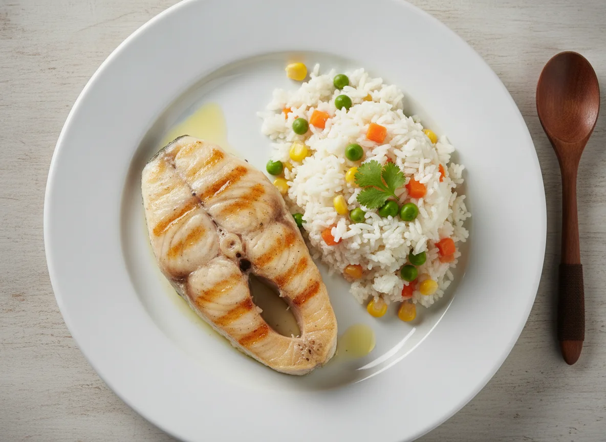 Filé de peixe grelhado com arroz colorido photo