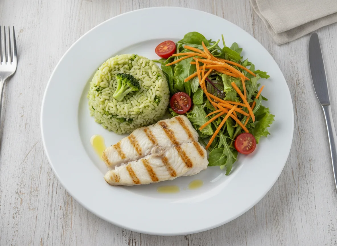 Filé de peixe grelhado com arroz de brócolis e salada photo
