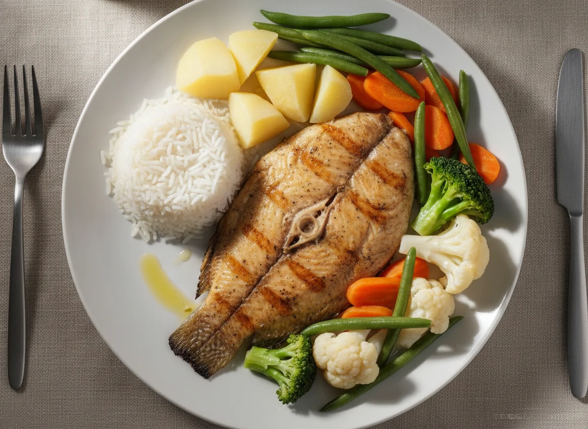 Filé de peixe grelhado com arroz e legumes photo