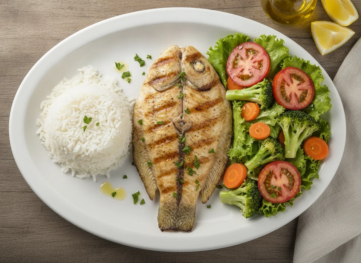 Filé de peixe grelhado com arroz e salada photo