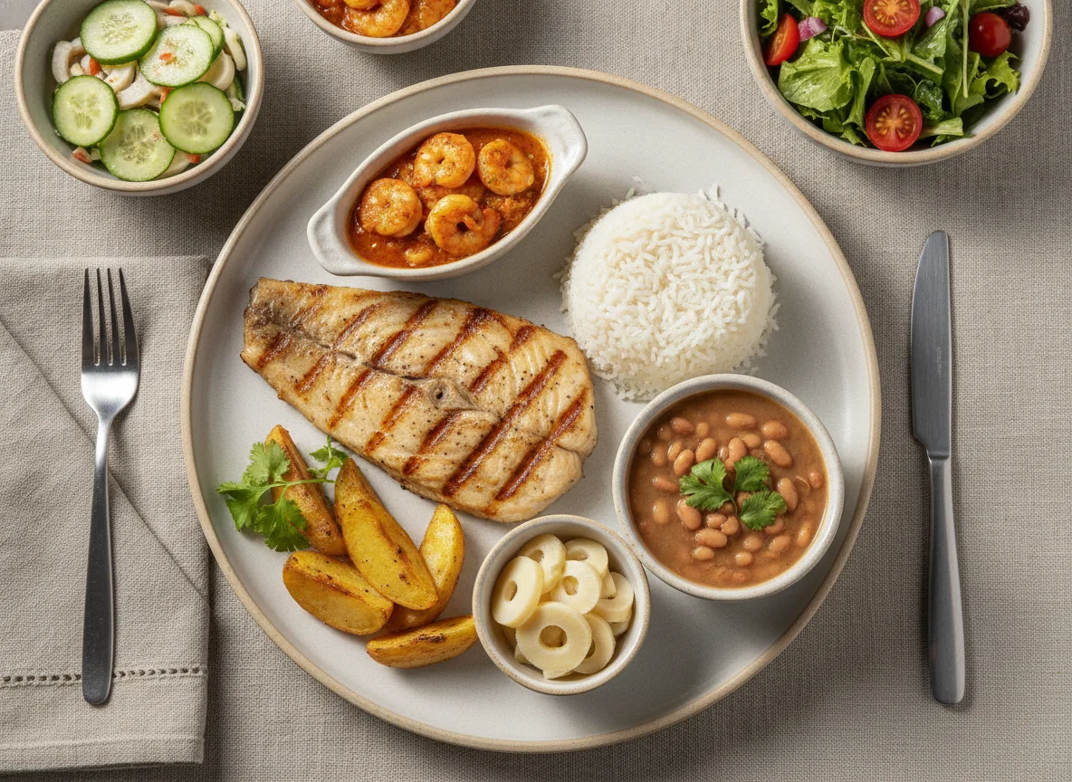 Filé de peixe grelhado com arroz, feijão, camarão e salada photo