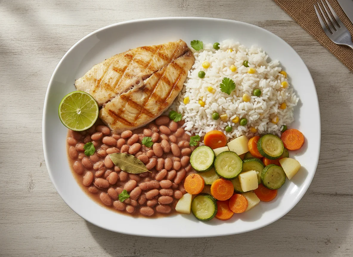 Filé de peixe grelhado com arroz, feijão e legumes photo