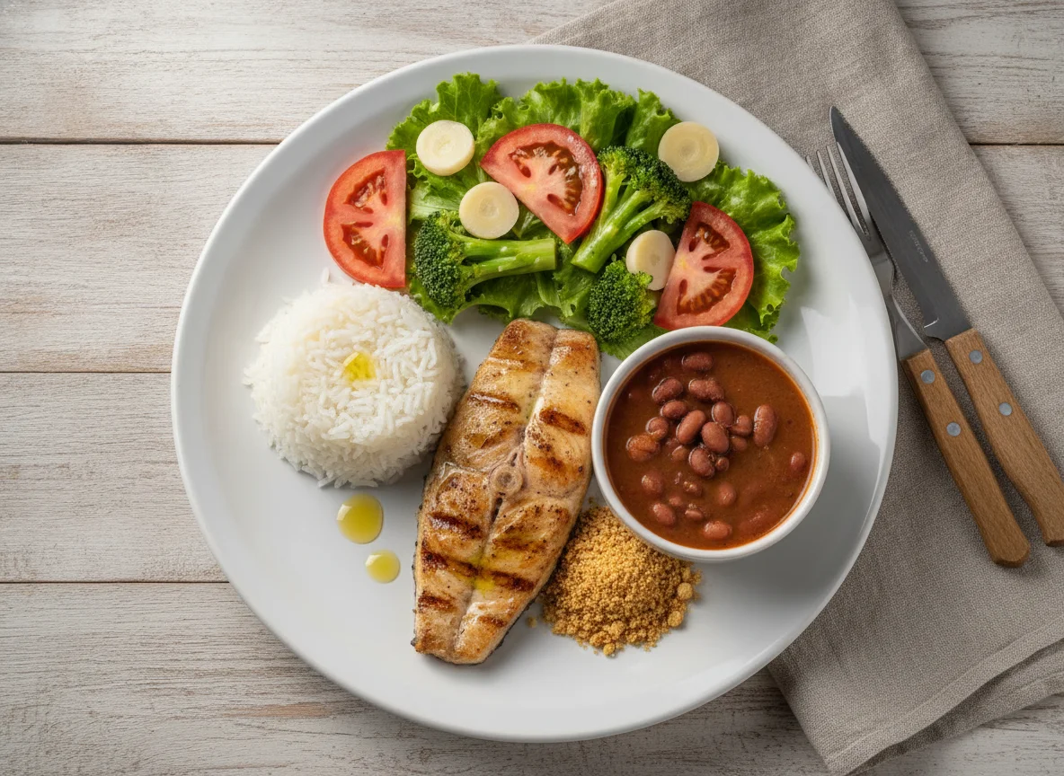 Filé de Peixe Grelhado com Arroz, Feijão e Salada photo