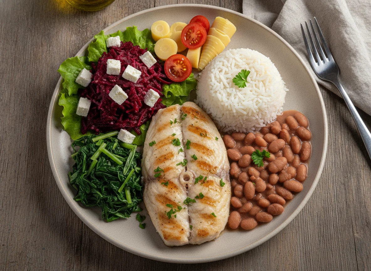 Filé de peixe grelhado com arroz, feijão e saladas variadas photo